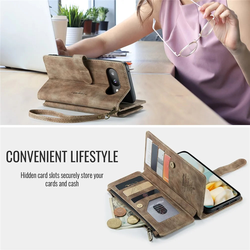 CASEME For Google Pixel 9a Phone Cases with Strap  C30 Zipper Multiple Card Holder PU Leather Cover - Brown - 4