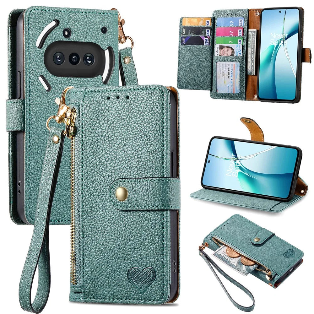 For Nothing Phone (3a) Case RFID Blocking Zipper Pocket Leather Wallet Phone Cover with Strap - Green - 1