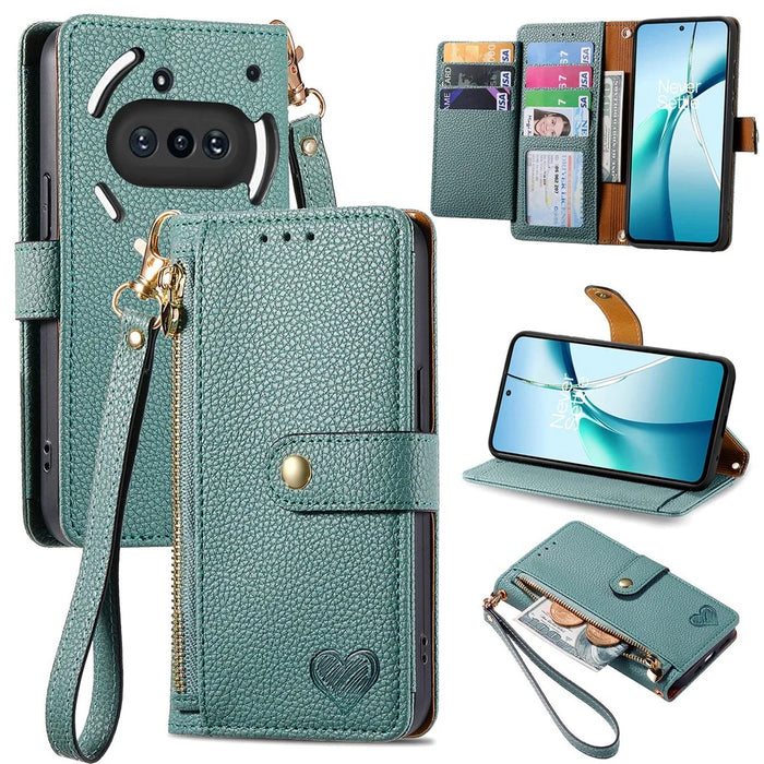 For Nothing Phone (3a) Case RFID Blocking Zipper Pocket Leather Wallet Phone Cover with Strap - Green - 1