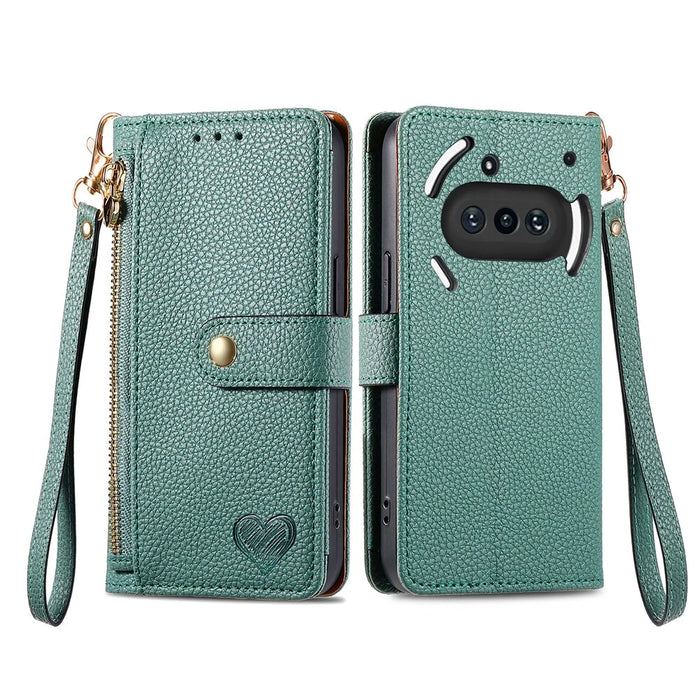 For Nothing Phone (3a) Case RFID Blocking Zipper Pocket Leather Wallet Phone Cover with Strap - Green - 2