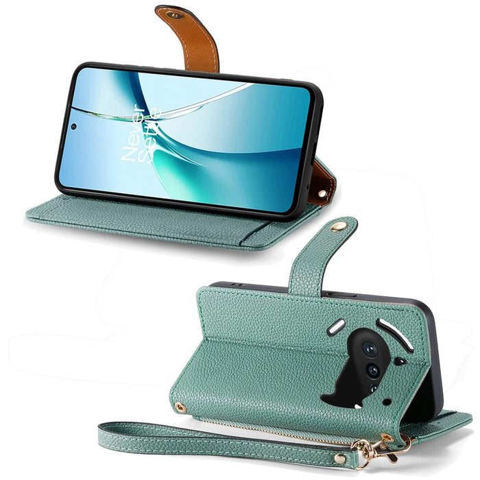 For Nothing Phone (3a) Case RFID Blocking Zipper Pocket Leather Wallet Phone Cover with Strap - Green - 4