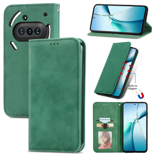 For Nothing Phone (3a) Leather Case with Card Holder Magnetic Absorption Phone Cover - Green - 1