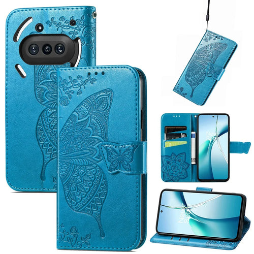 For Nothing Phone (3a) Case with Strap Butterfly Pattern PU Leather Wallet Phone Cover - Blue - 1