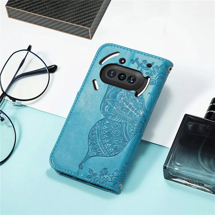 For Nothing Phone (3a) Case with Strap Butterfly Pattern PU Leather Wallet Phone Cover - Blue - 6