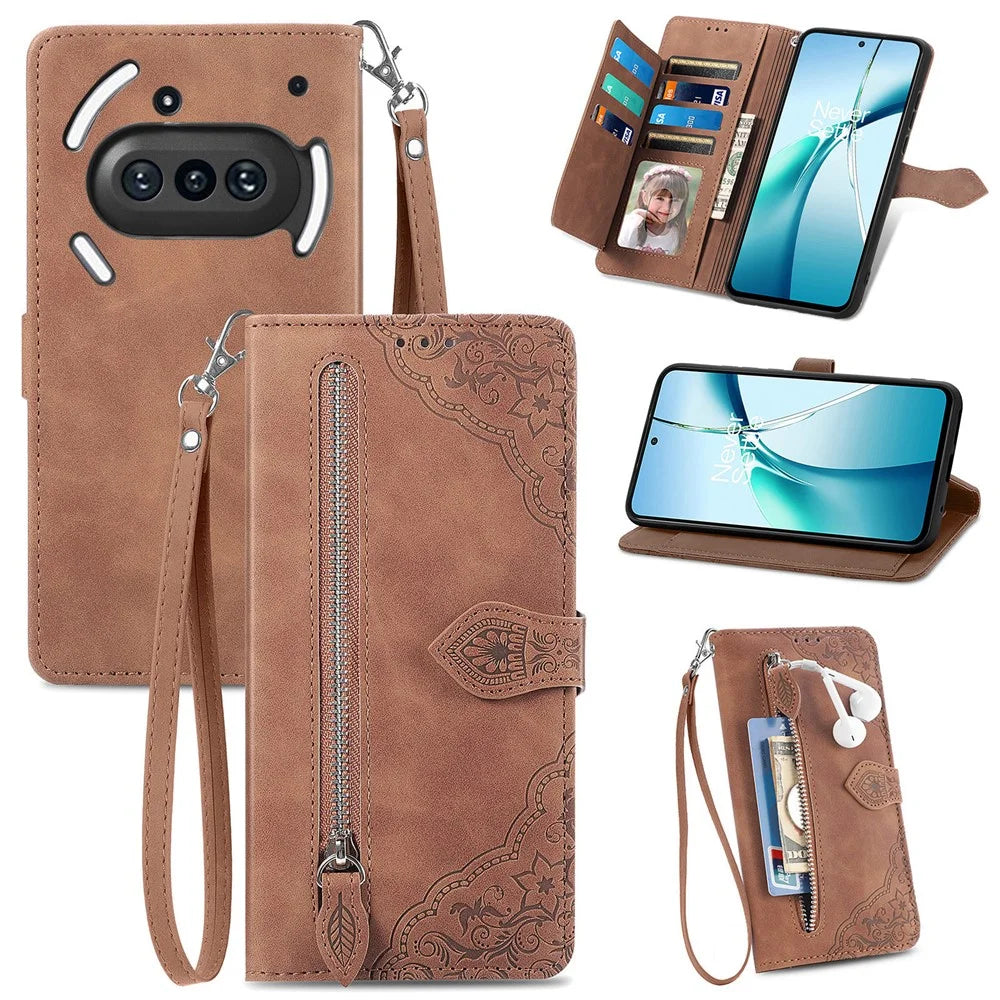 For Nothing Phone (3a) Zipper Wallet Case with Strap Flower Imprint PU Leather Phone Cover - Brown - 1