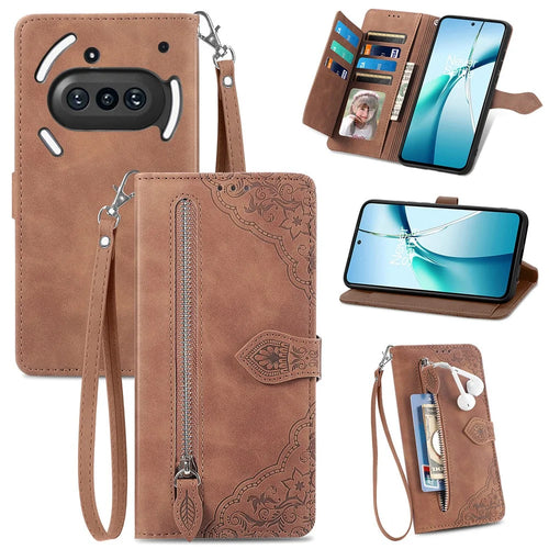 For Nothing Phone (3a) Zipper Wallet Case with Strap Flower Imprint PU Leather Phone Cover - Brown - 1