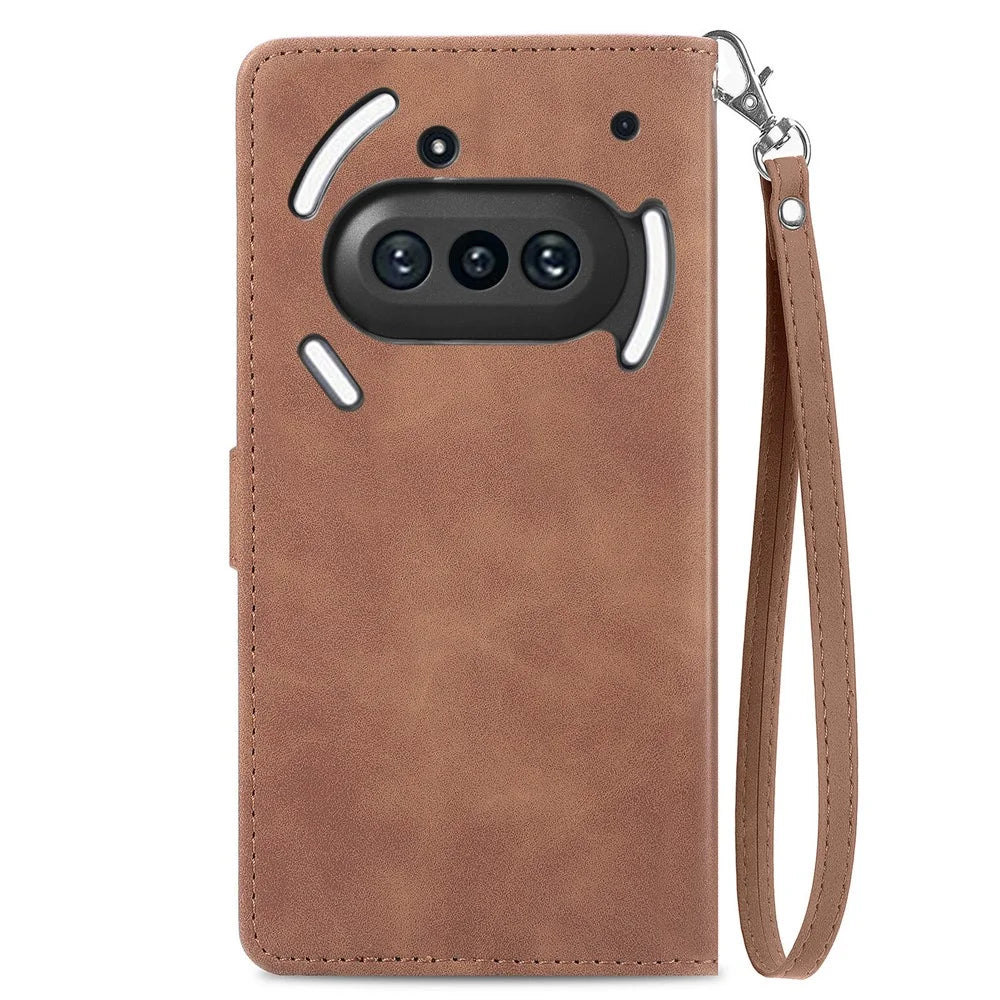 For Nothing Phone (3a) Zipper Wallet Case with Strap Flower Imprint PU Leather Phone Cover - Brown - 3