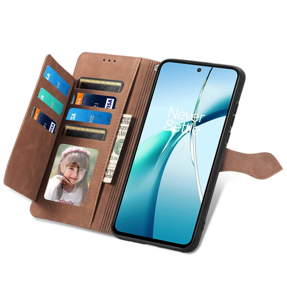 For Nothing Phone (3a) Zipper Wallet Case with Strap Flower Imprint PU Leather Phone Cover - Brown - 4