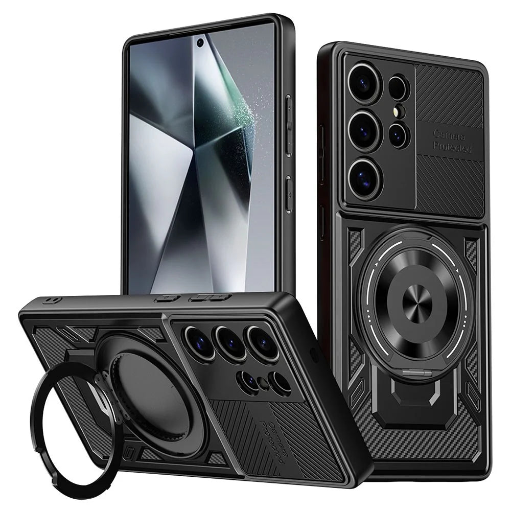 For Samsung Galaxy S24 Ultra Magnetic Case Rotating Kickstand TPU + PC Phone Cover - Black - 1