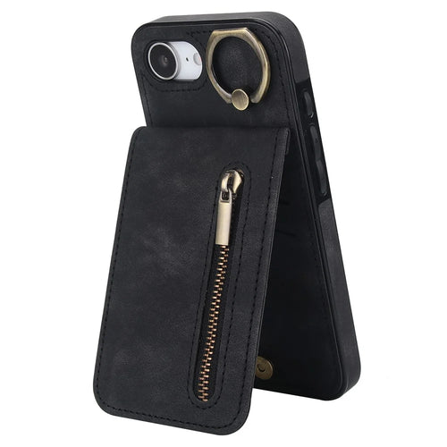 For iPhone 17e / 16e Case Zipper RFID Blocking Retro Leather + TPU Phone Cover with Kickstand - Black - 1