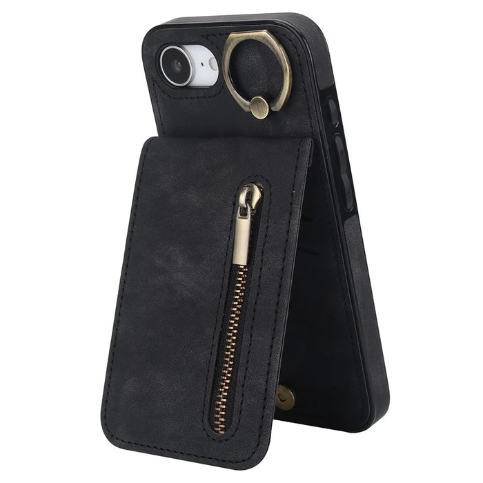 For iPhone 17e / 16e Case Zipper RFID Blocking Retro Leather + TPU Phone Cover with Kickstand - Black - 1