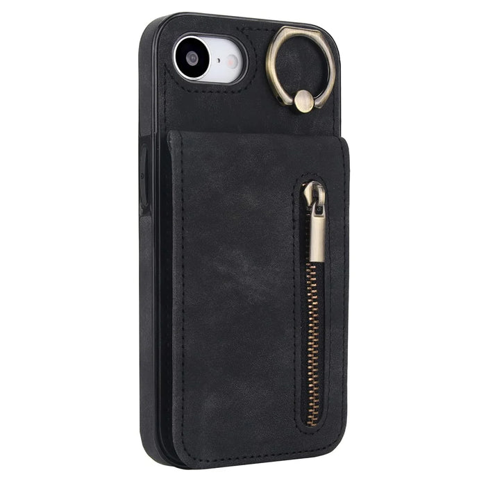 For iPhone 17e / 16e Case Zipper RFID Blocking Retro Leather + TPU Phone Cover with Kickstand - Black - 2
