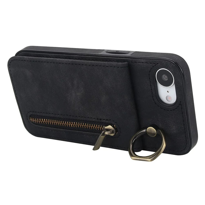 For iPhone 17e / 16e Case Zipper RFID Blocking Retro Leather + TPU Phone Cover with Kickstand - Black - 4