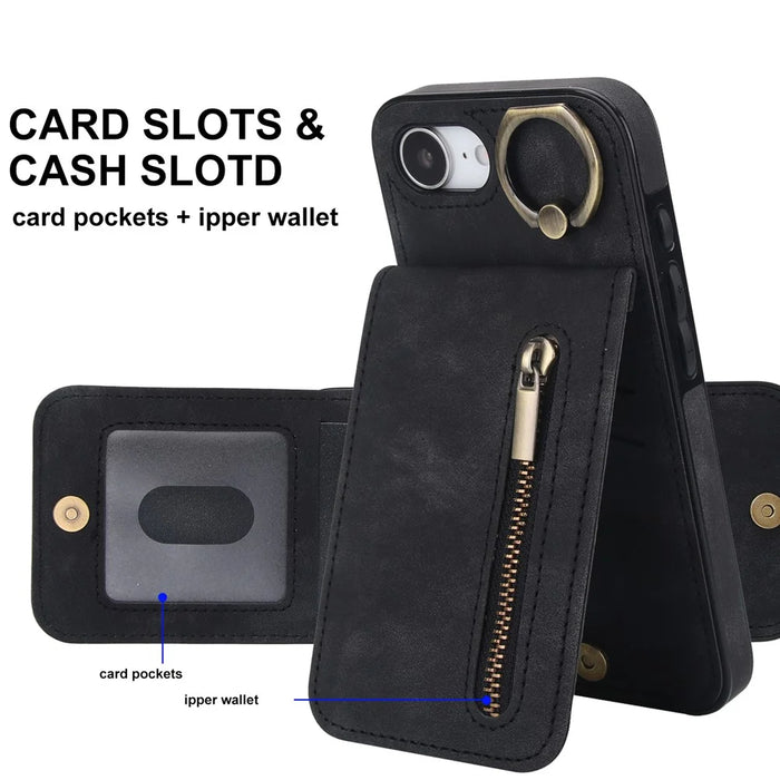 For iPhone 17e / 16e Case Zipper RFID Blocking Retro Leather + TPU Phone Cover with Kickstand - Black - 7