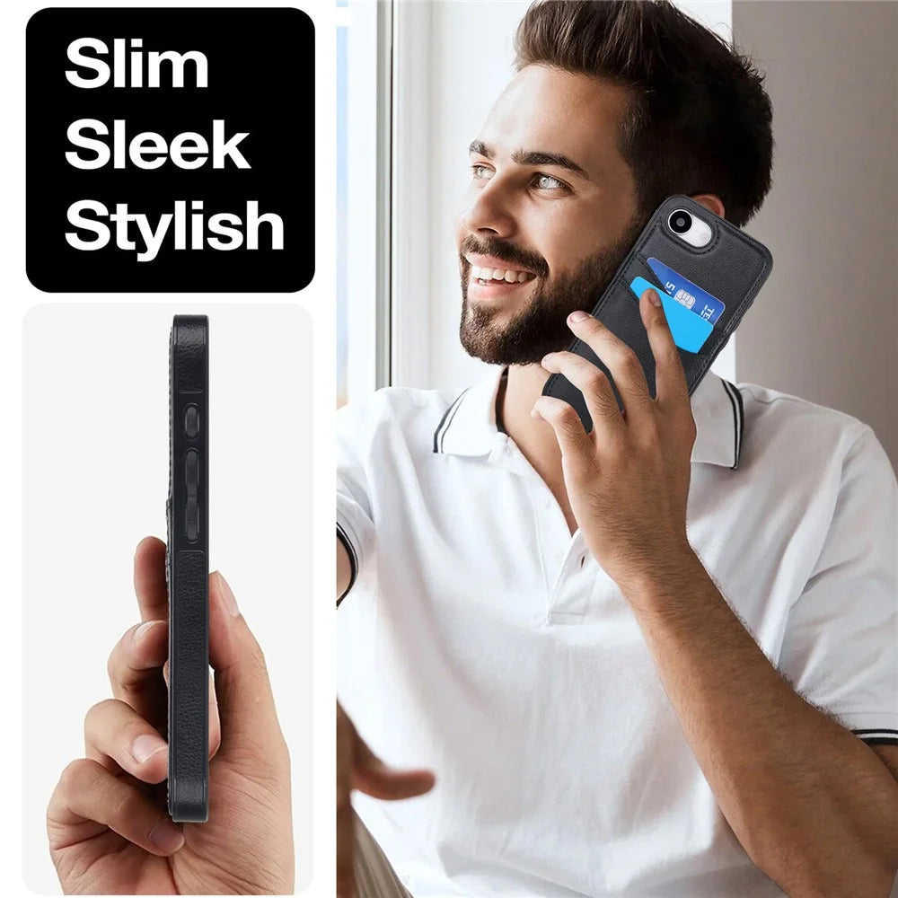 For iPhone 17e / 16e Case Card Slot Slim-Fit PU+TPU Mobile Cover - Black - 6
