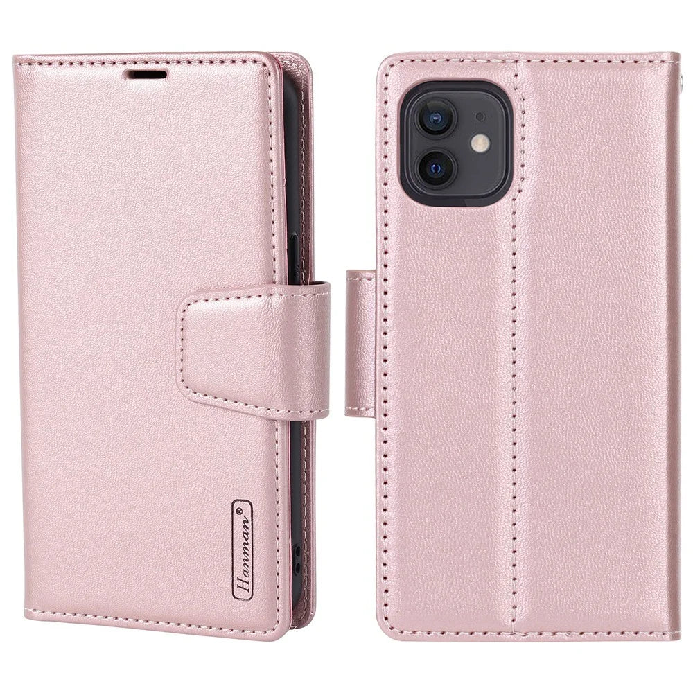 HANMAN Miro2 Series for iPhone 12 / 12 Pro 6.1 inch Detachable Wallet Phone Case PU Leather Stand Magnetic Removable Flip Protective Cover - Rose Gold - 1
