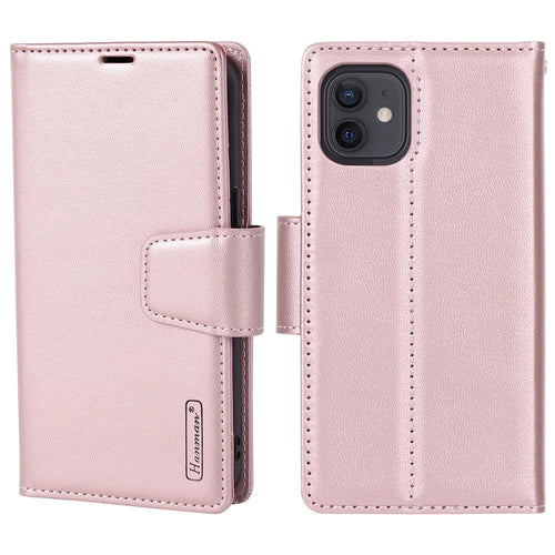 HANMAN Miro2 Series for iPhone 12 / 12 Pro 6.1 inch Detachable Wallet Phone Case PU Leather Stand Magnetic Removable Flip Protective Cover - Rose Gold - 1