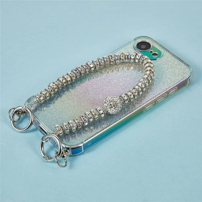 For iPhone 17e / 16e Case Gradient Glitter TPU Protective Phone Cover with Wrist Strap - Blue - 4