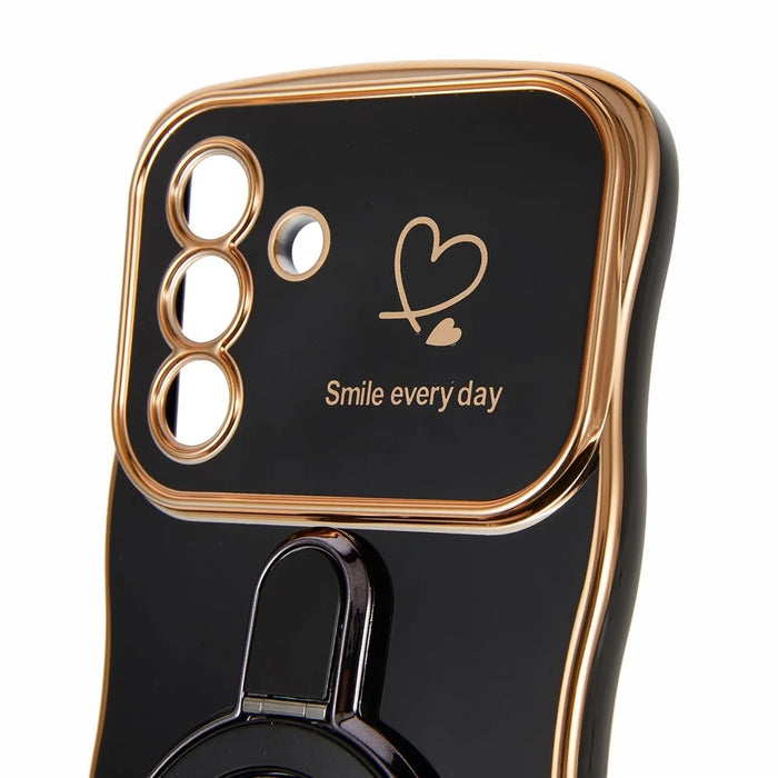 For Samsung Galaxy A56 5G  /  A36 5G Case Kickstand Electroplating Wave Frame Love Printing TPU Back Cover with Hand Strap - Black - 5