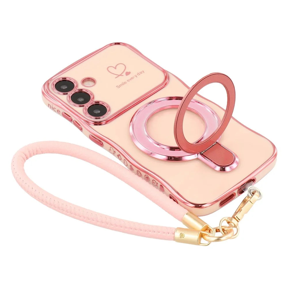 For Samsung Galaxy S25+ Case Kickstand Electroplating Wave Frame Love Printing TPU Back Cover with Hand Strap - Rose Pink - 4