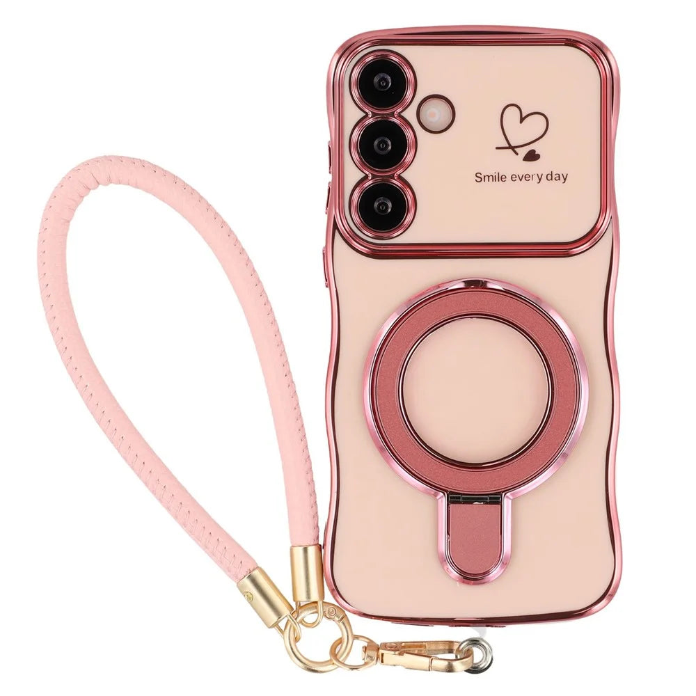 For Samsung Galaxy S25 Case Kickstand Electroplating Wave Frame Love Printing TPU Back Cover with Hand Strap - Rose Pink - 1