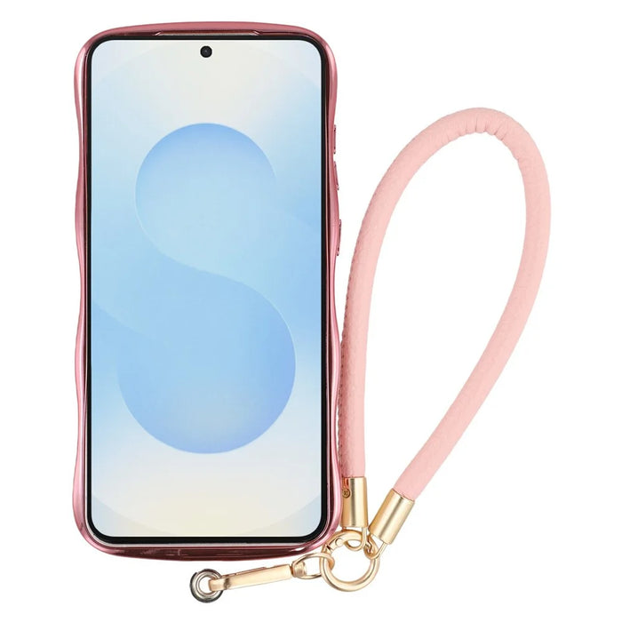 For Samsung Galaxy S25 Case Kickstand Electroplating Wave Frame Love Printing TPU Back Cover with Hand Strap - Rose Pink - 2