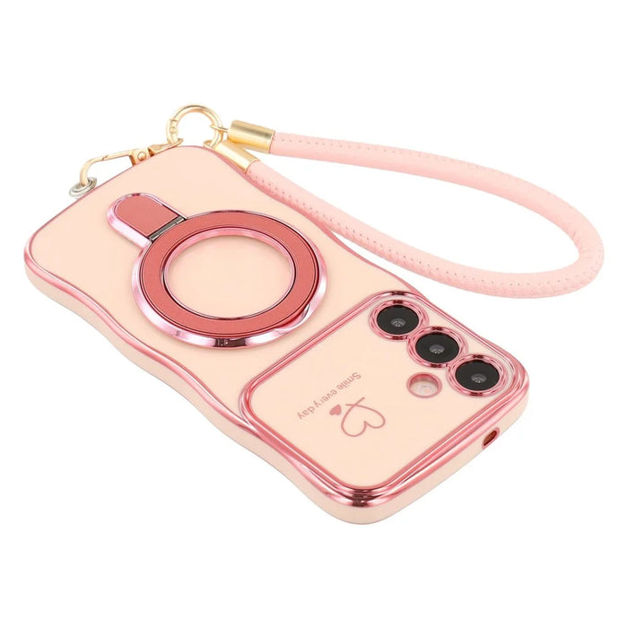 For Samsung Galaxy S25 Case Kickstand Electroplating Wave Frame Love Printing TPU Back Cover with Hand Strap - Rose Pink - 5