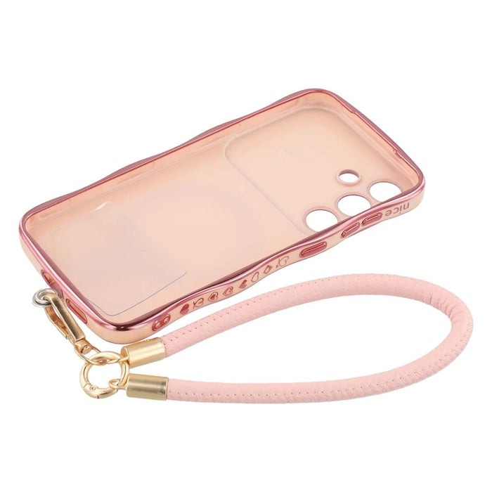 For Samsung Galaxy S25 Case Kickstand Electroplating Wave Frame Love Printing TPU Back Cover with Hand Strap - Rose Pink - 6