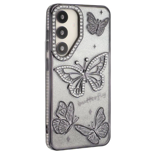 For Samsung Galaxy S25+ / S24+ Case Rhinestones Decor 3D Butterfly TPU Phone Cover with Glitter Paper - Black - 1