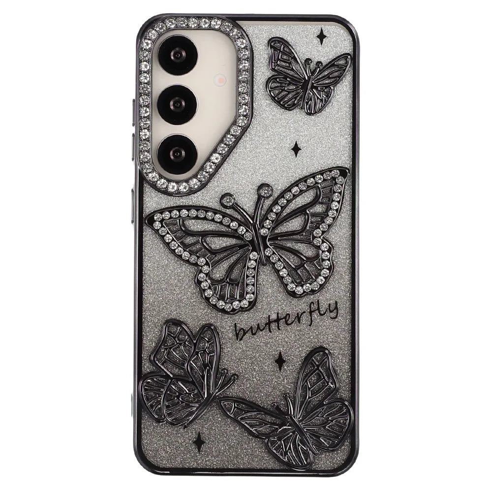For Samsung Galaxy S25+ / S24+ Case Rhinestones Decor 3D Butterfly TPU Phone Cover with Glitter Paper - Black - 3