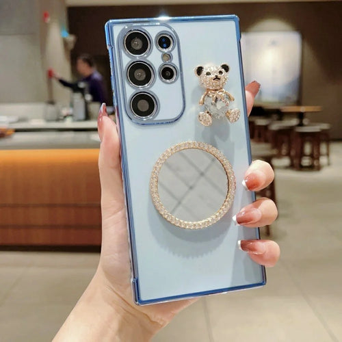 For Samsung Galaxy S24 Ultra Case Love Heart Pattern Electroplated TPU Phone Cover with Small Bear and Mirror - Blue - 1