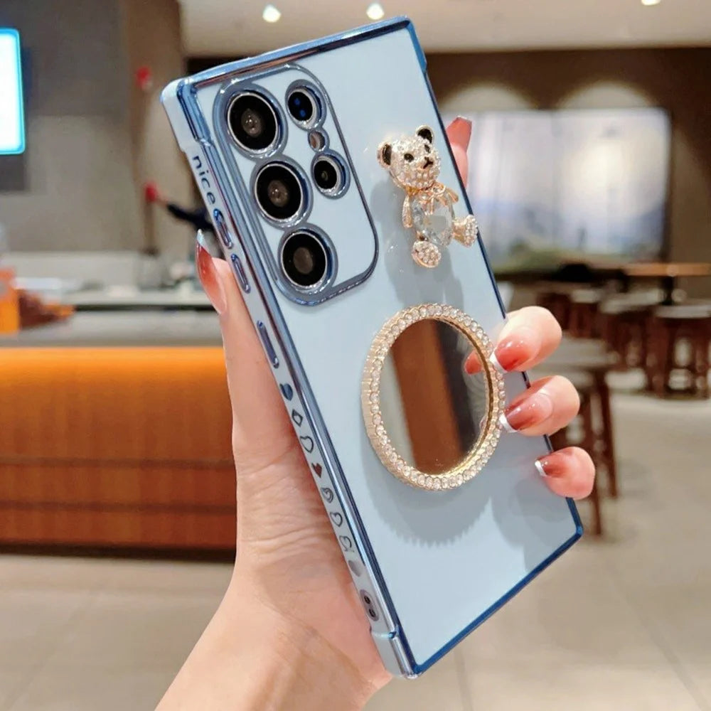 For Samsung Galaxy S24 Ultra Case Love Heart Pattern Electroplated TPU Phone Cover with Small Bear and Mirror - Blue - 2