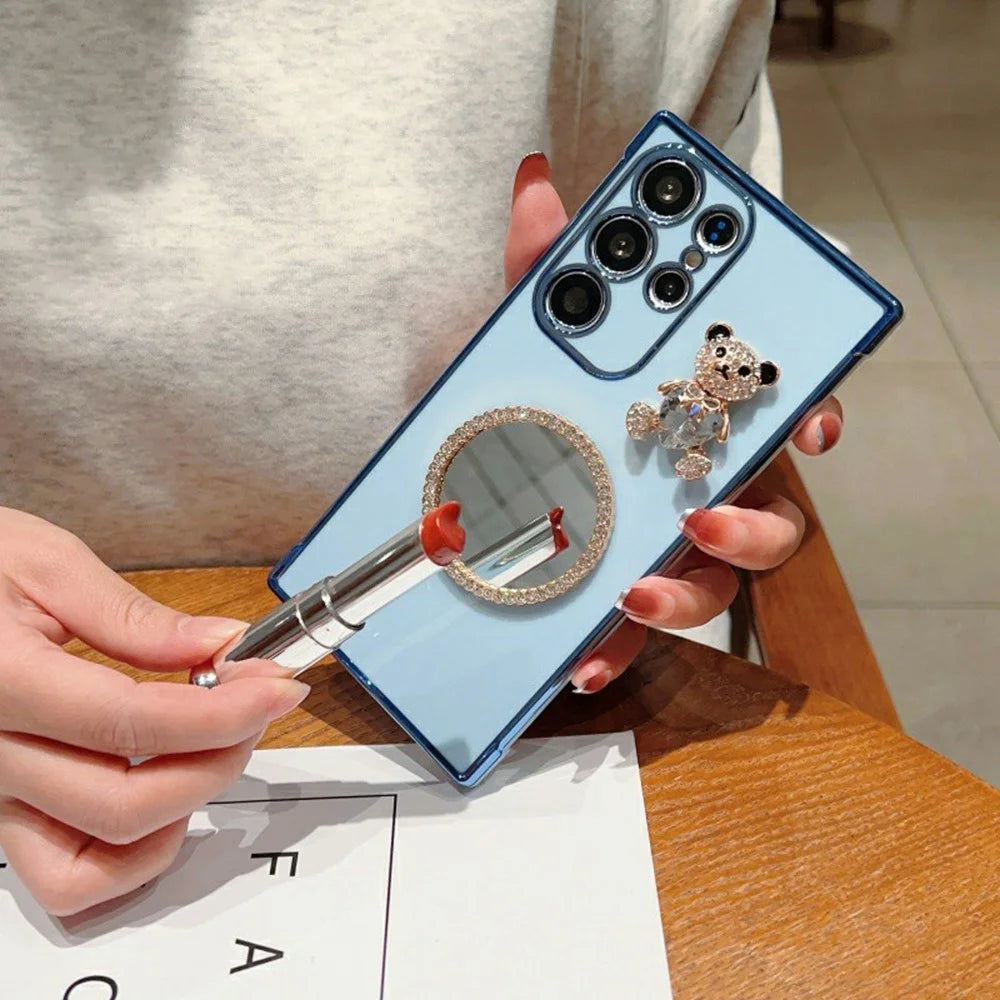 For Samsung Galaxy S24 Ultra Case Love Heart Pattern Electroplated TPU Phone Cover with Small Bear and Mirror - Blue - 3