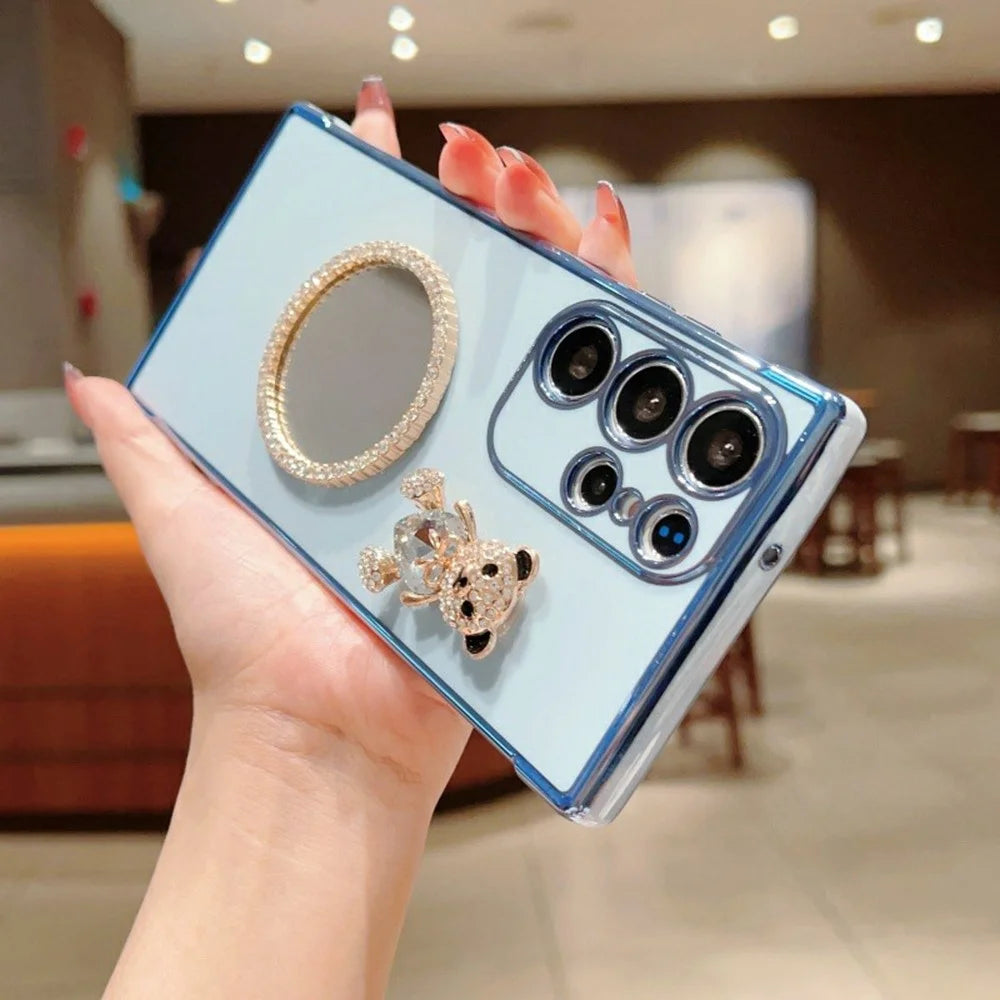 For Samsung Galaxy S24 Ultra Case Love Heart Pattern Electroplated TPU Phone Cover with Small Bear and Mirror - Blue - 4