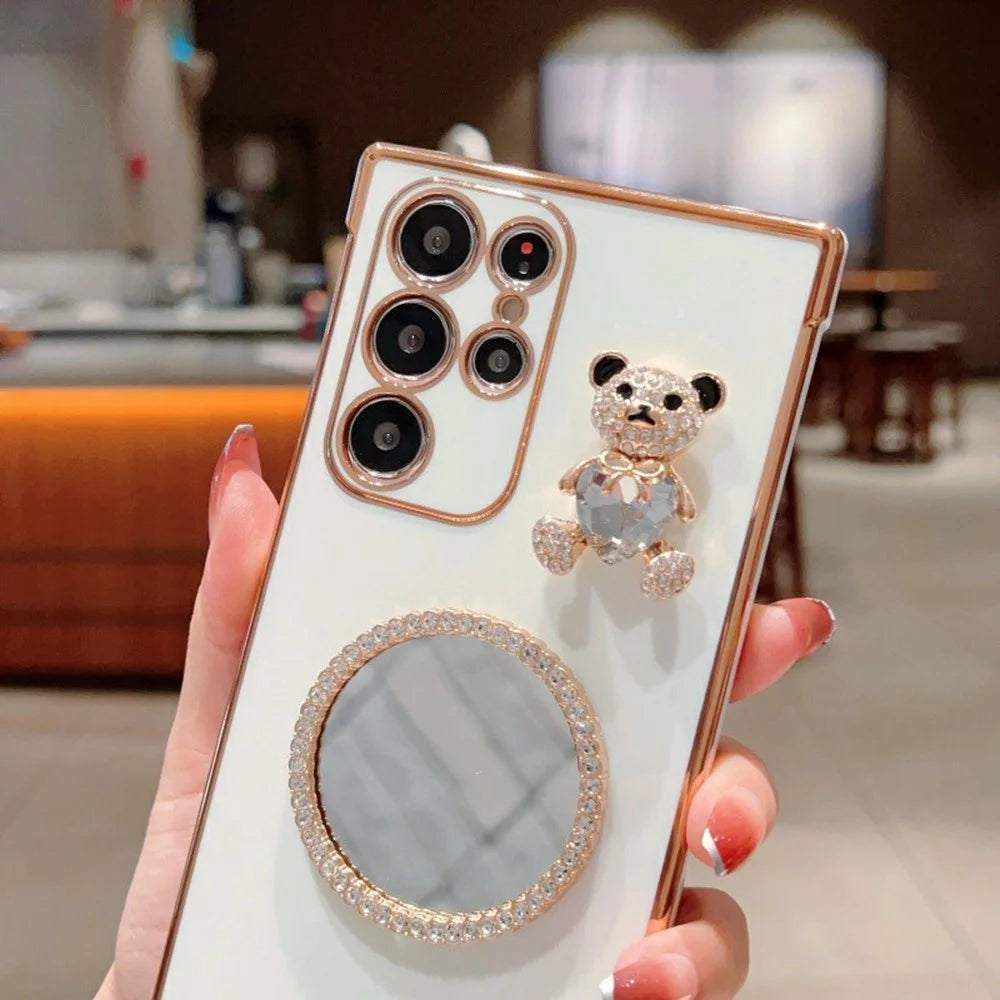 For Samsung Galaxy S24 Ultra Case Love Heart Pattern Electroplated TPU Phone Cover with Small Bear and Mirror - Blue - 5