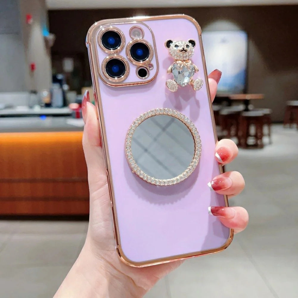 For iPhone 16 Pro Case Love Heart Pattern Electroplated TPU Phone Cover with Small Bear and Mirror - Lavender Purple - 1