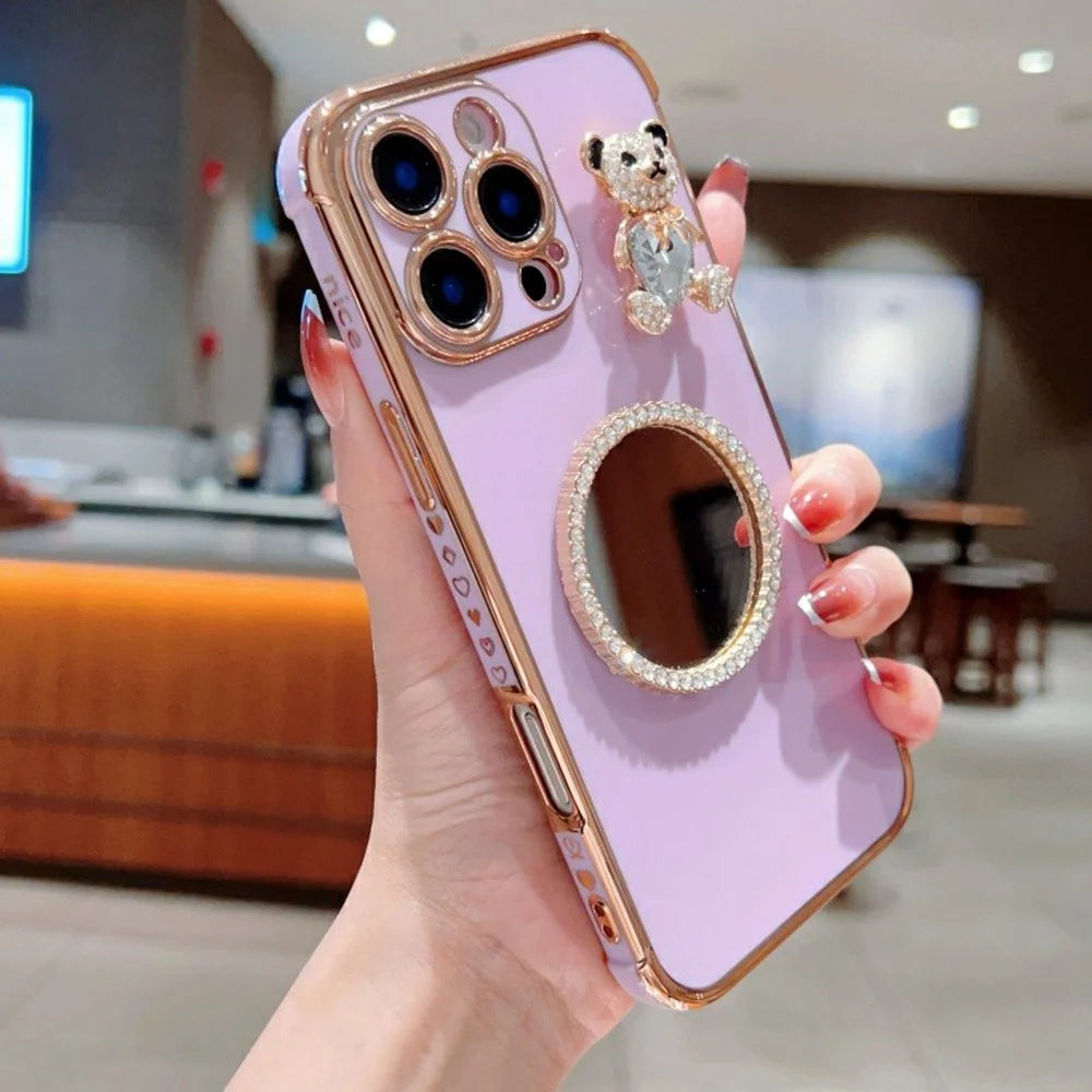 For iPhone 16 Pro Case Love Heart Pattern Electroplated TPU Phone Cover with Small Bear and Mirror - Lavender Purple - 2