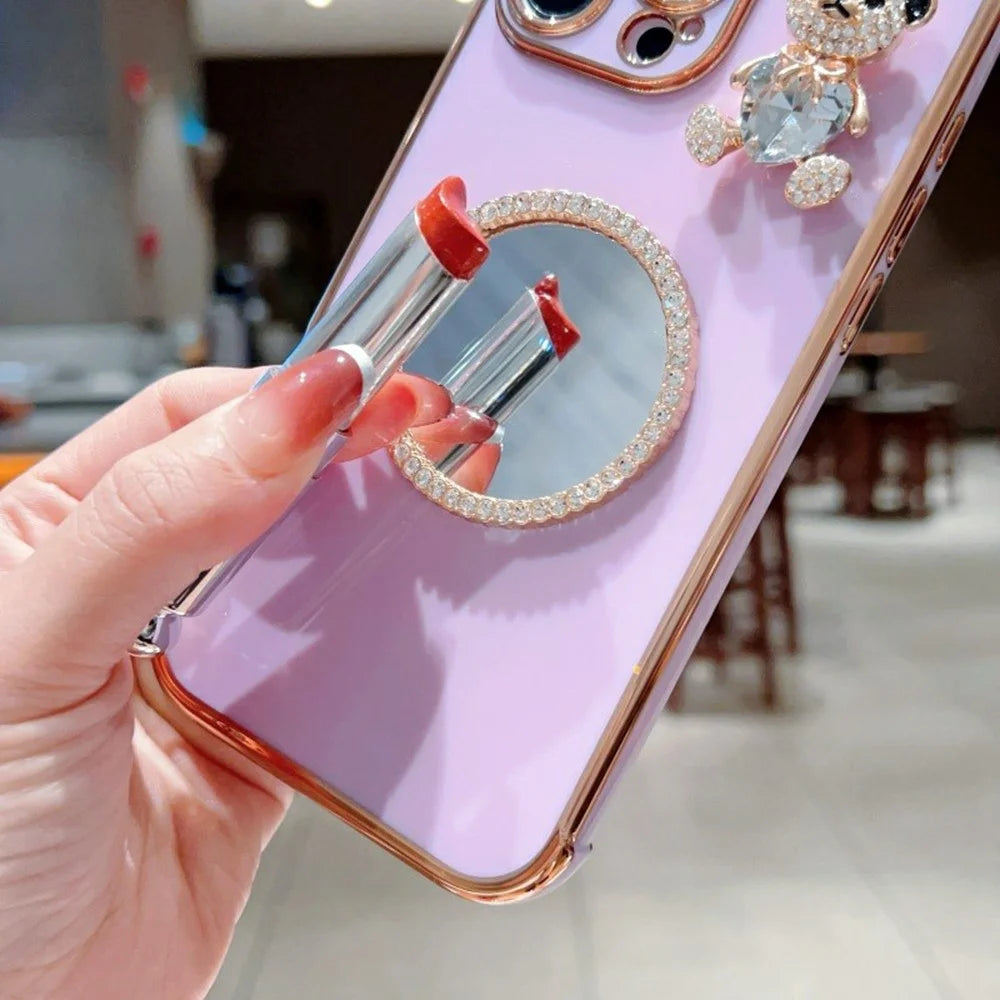 For iPhone 16 Pro Case Love Heart Pattern Electroplated TPU Phone Cover with Small Bear and Mirror - Lavender Purple - 3