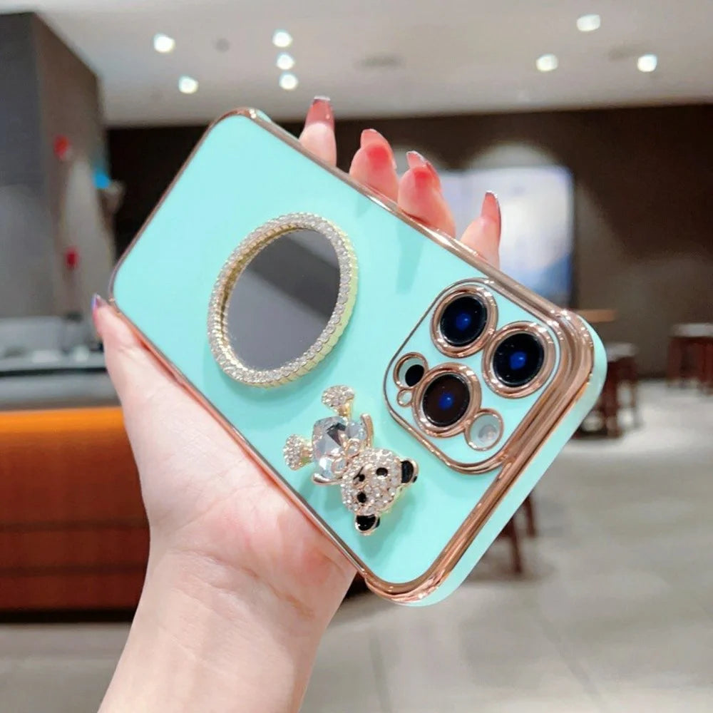 For iPhone 16 Pro Case Love Heart Pattern Electroplated TPU Phone Cover with Small Bear and Mirror - Lavender Purple - 4