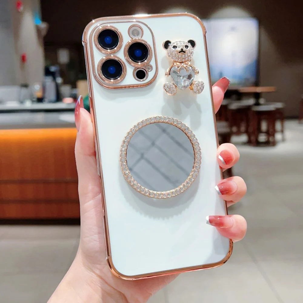 For iPhone 16 Pro Max Case Love Heart Pattern Electroplated TPU Phone Cover with Small Bear and Mirror - Ivory White - 1