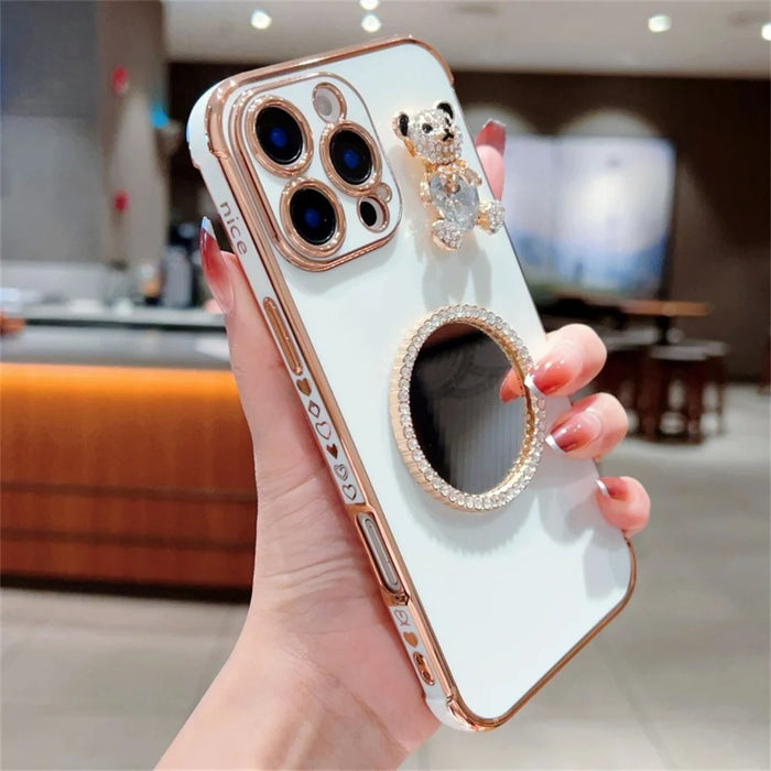 For iPhone 16 Pro Max Case Love Heart Pattern Electroplated TPU Phone Cover with Small Bear and Mirror - Ivory White - 2