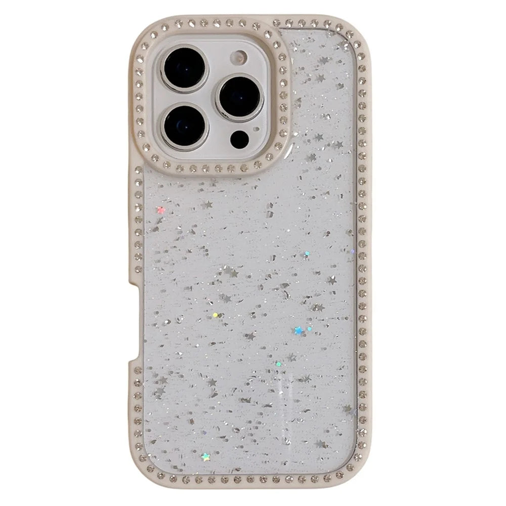 For iPhone 16 Pro Max Case Rhinestone Frame Star Glitter Epoxy Design TPU + PC Phone Cover - White - 1
