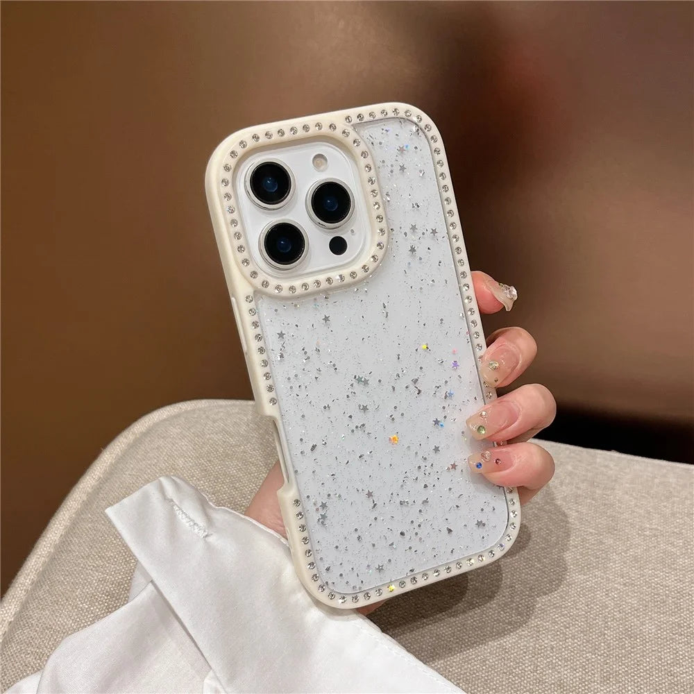 For iPhone 16 Pro Max Case Rhinestone Frame Star Glitter Epoxy Design TPU + PC Phone Cover - White - 2