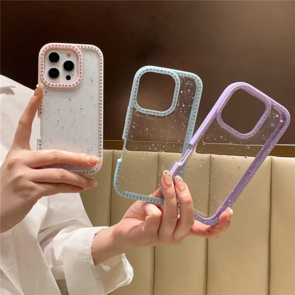 For iPhone 16 Pro Max Case Rhinestone Frame Star Glitter Epoxy Design TPU + PC Phone Cover - White - 4