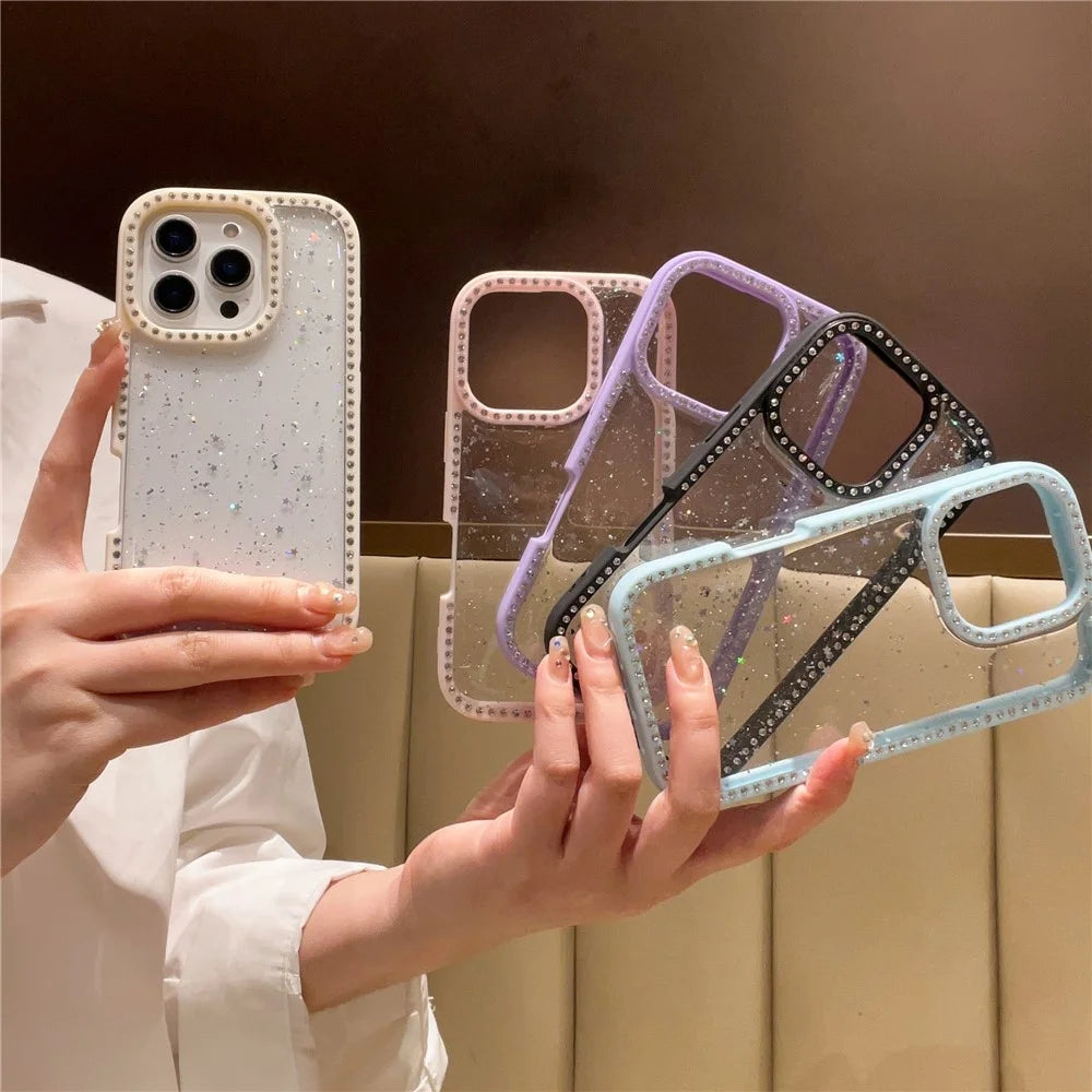 For iPhone 16 Pro Max Case Rhinestone Frame Star Glitter Epoxy Design TPU + PC Phone Cover - White - 6