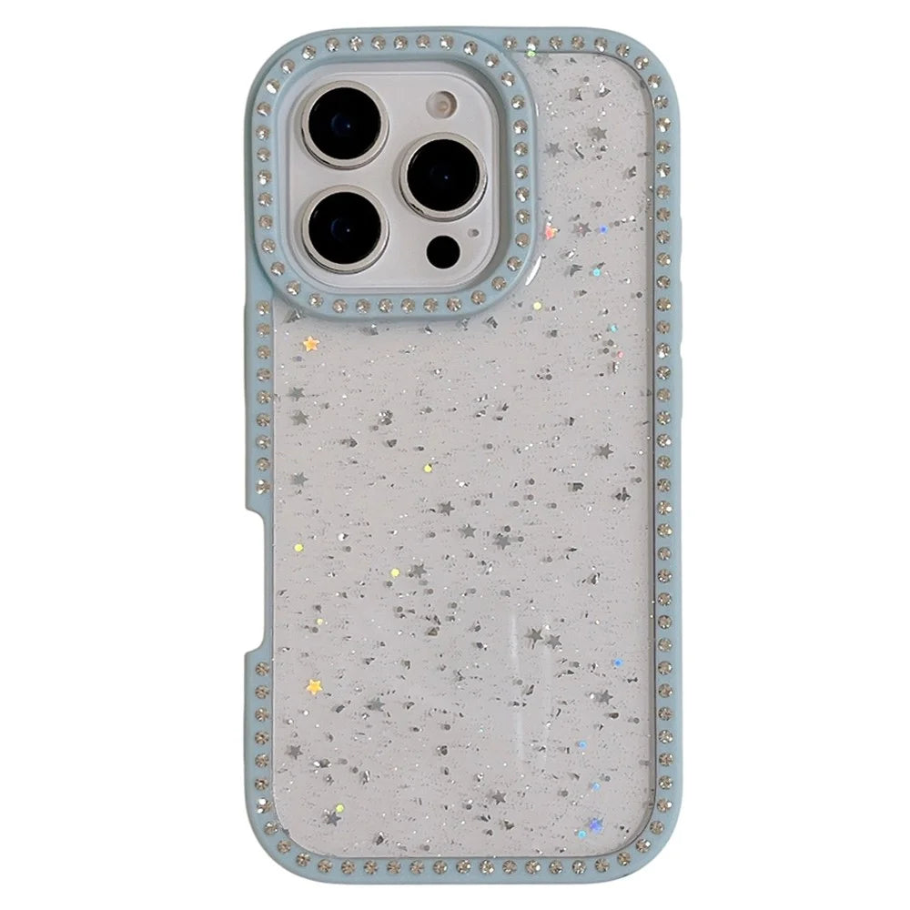 For iPhone 16 Pro Case Rhinestone Frame Star Glitter Epoxy Design TPU + PC Phone Cover - Blue - 1