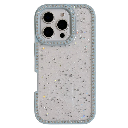 For iPhone 16 Pro Case Rhinestone Frame Star Glitter Epoxy Design TPU + PC Phone Cover - Blue - 1