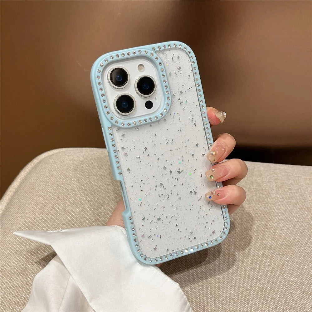 For iPhone 16 Pro Case Rhinestone Frame Star Glitter Epoxy Design TPU + PC Phone Cover - Blue - 2