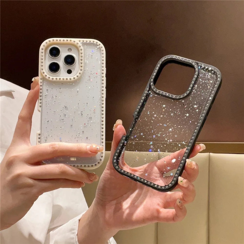 For iPhone 16 Pro Case Rhinestone Frame Star Glitter Epoxy Design TPU + PC Phone Cover - Blue - 5