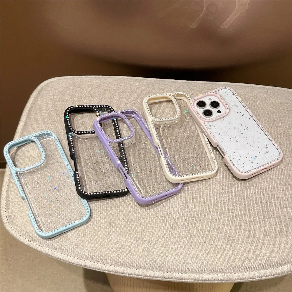 For iPhone 16 Pro Case Rhinestone Frame Star Glitter Epoxy Design TPU + PC Phone Cover - Blue - 7